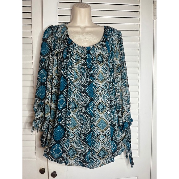 Sara Michelle Tops - Sara Michelle Teal Blue Snakeskin Metallic Print Blouse Plus Size 3X Tie Sleeve
